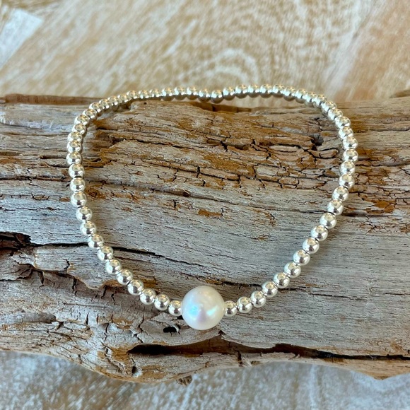 Pearl - handmade sterling, silver beads stretch bracelet + freshwater pearl - Picture 3 of 7